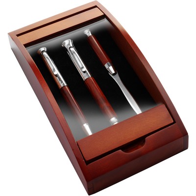 Set scrittura personalizzato, penna a sfera, stilografica e tagliacarte,  legno, metallo, legno, 21 x 10,2 x 4,7 cm - Cintapunto® Italia