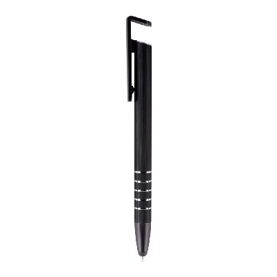 Penne personalizzate, touch pen, supporto per telefono, nero, alluminio, plastica, Ø 1 x 14,5 cm