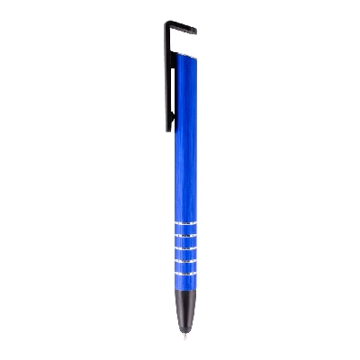 Penne personalizzate, touch pen, supporto per telefono, blu scuro, alluminio, plastica, Ø 1 x 14,5 cm