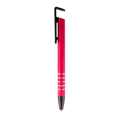 Penne personalizzate, touch pen, supporto per telefono, rosso, alluminio, plastica, Ø 1 x 14,5 cm