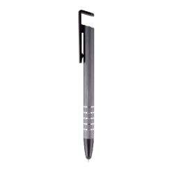 Penne personalizzate, touch pen, supporto per telefono, grigio, alluminio, plastica, Ø 1 x 14,5 cm