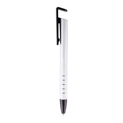 Penne personalizzate, touch pen, supporto per telefono, argento, alluminio, plastica, Ø 1 x 14,5 cm
