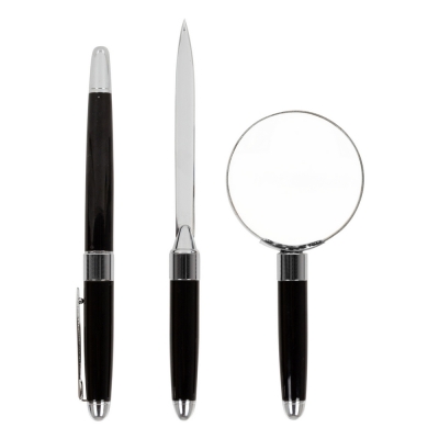Set da scrittura personalizzato Mauro Conti, penna a sfera, lente  d'ingrandimento e un coltello per