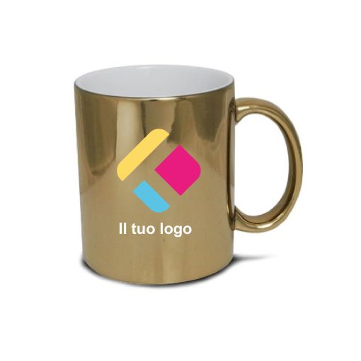 Tazza metallizzata lucida personalizzata con stampa - oro 300 ml, Diam 8 cm, Alt(h) 9,5 cm