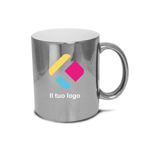 Tazza metallizzata lucida personalizzata con stampa - argento 300 ml, Diam 8 cm, Alt(h) 9,5 cm