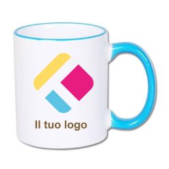 Tazza personalizzata con stampa con manico e bordo colorati - azzurro 300 ml, Diam 8 cm, Alt(h) 9,5 cm