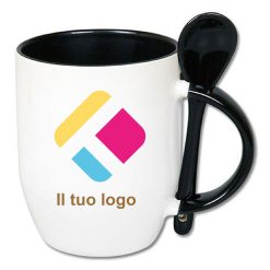 Tazza personalizzata con stampa con un cucchiaio, il manico e interno colorato - nero 350 ml, Diam 8 cm, Alt(h) 10 cm