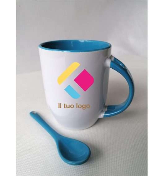 Tazza personalizzata con stampa con un cucchiaio, il manico e interno colorato - blu 350 ml, Diam 8 cm, Alt(h) 10 cm