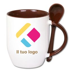 Tazza personalizzata con stampa con un cucchiaio, il manico e interno colorato - marrone 350 ml, Diam 8 cm, Alt(h) 10 cm