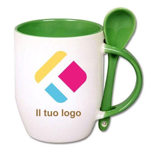 Tazza personalizzata con stampa con un cucchiaio, il manico e interno colorato - verde 350 ml, Diam 8 cm, Alt(h) 10 cm