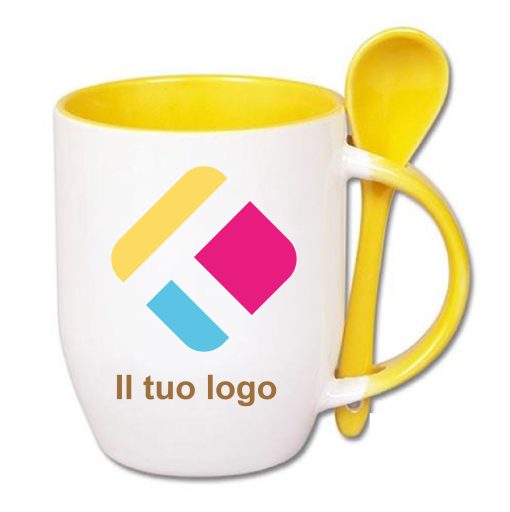 Tazza personalizzata con stampa con un cucchiaio, il manico e interno colorato - giallo 350 ml, Diam 8 cm, Alt(h) 10 cm